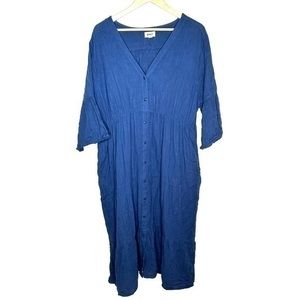 Pact Womens Blue Button Down Cotton Midi Dress Pockets Size XXL